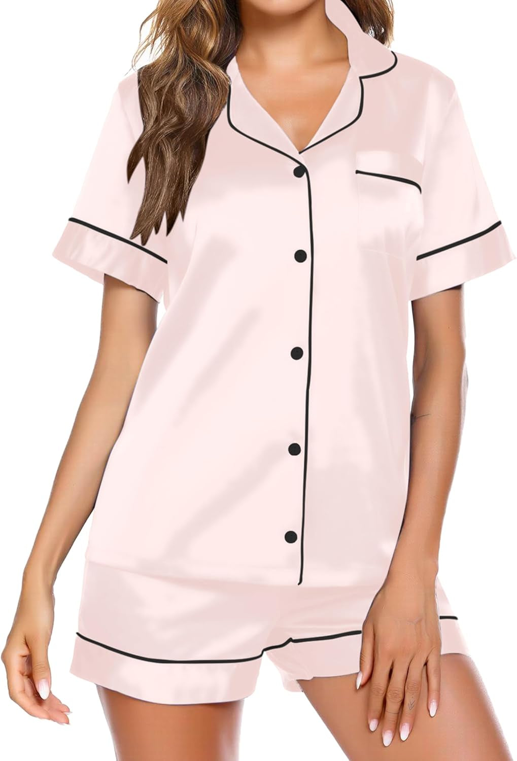 Pajamas for Women Set Silk Satin Pjs Button down Sleepwear Summer Loungewear Top and Shorts Lounge Set S-XXL